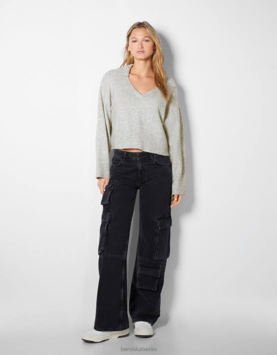 grau Bershka Frauen Pullover mit Polokragen H00J1029