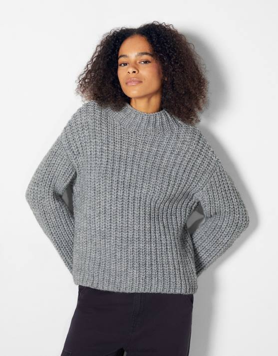 grau Bershka Frauen Pullover mit Stehkragen H00J1033