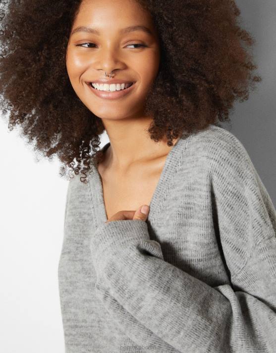grau Bershka Frauen V-Ausschnitt-Sweater H00J1002