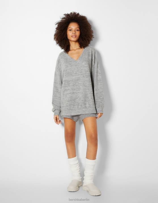 grau Bershka Frauen V-Ausschnitt-Sweater H00J1002