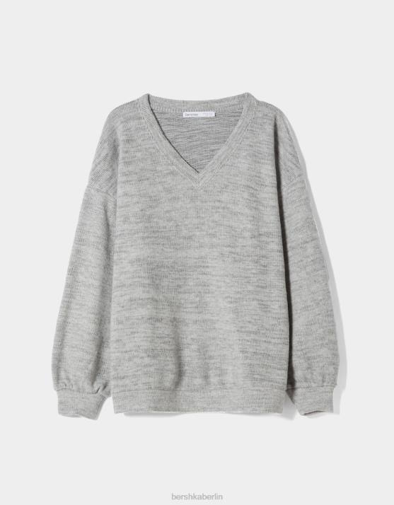 grau Bershka Frauen V-Ausschnitt-Sweater H00J1002