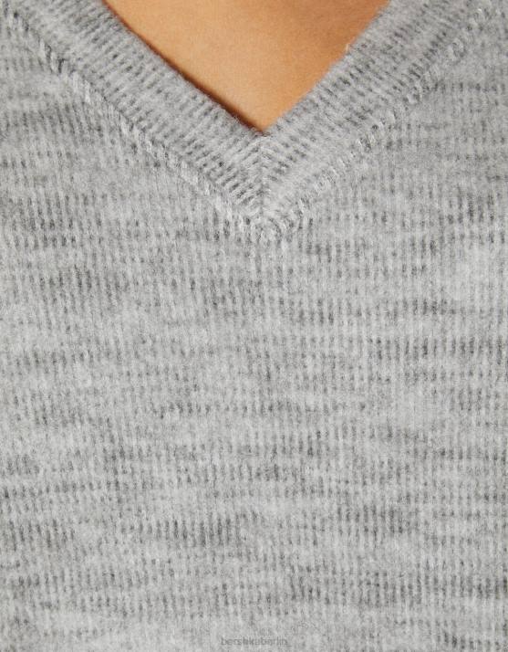 grau Bershka Frauen V-Ausschnitt-Sweater H00J1002