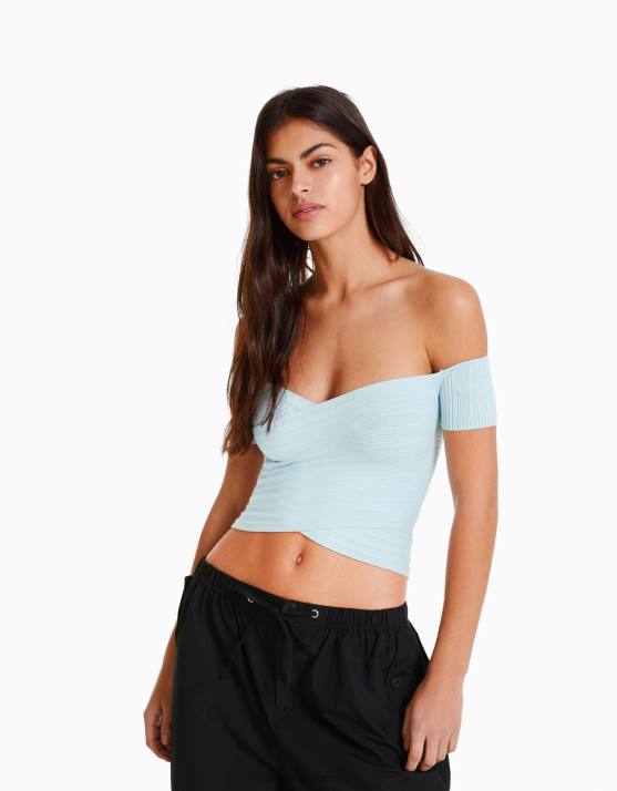 hellblau Bershka Frauen Kurzarmpullover mit Crossover-Detail H00J414