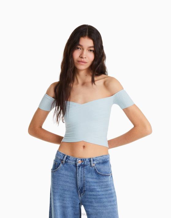 hellblau Bershka Frauen Kurzarmpullover mit Crossover-Detail H00J867