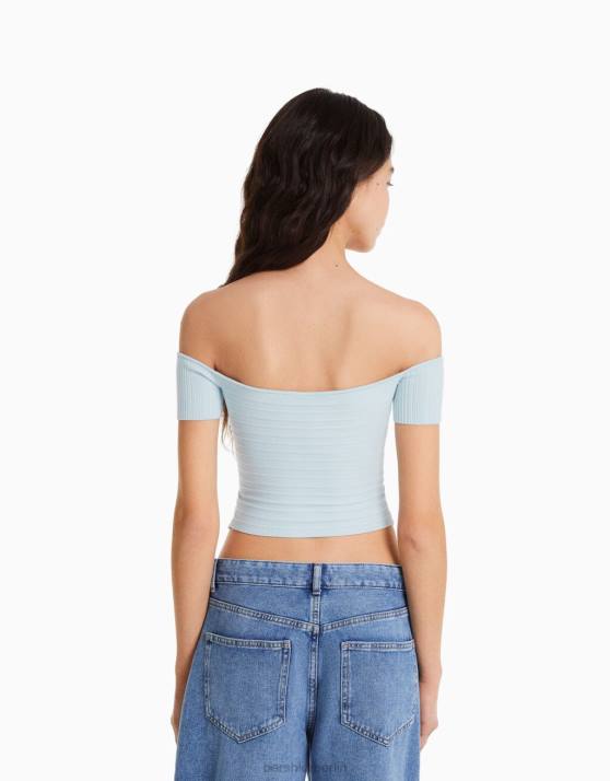 hellblau Bershka Frauen Kurzarmpullover mit Crossover-Detail H00J867