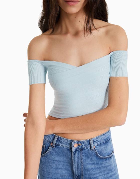 hellblau Bershka Frauen Kurzarmpullover mit Crossover-Detail H00J867