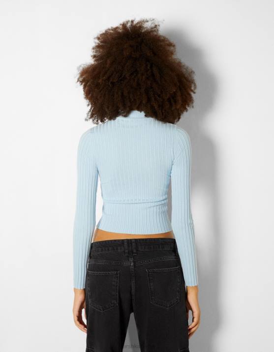 hellblau Bershka Frauen Rippstrickpullover mit hohem Halsausschnitt H00J1024