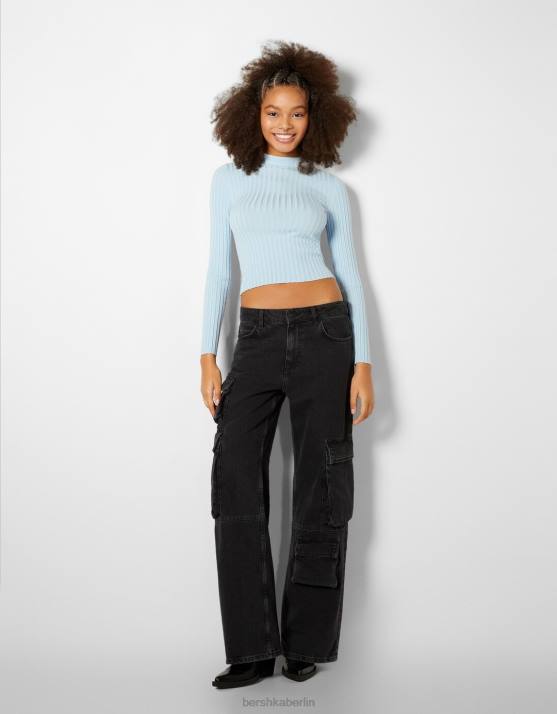 hellblau Bershka Frauen Rippstrickpullover mit hohem Halsausschnitt H00J1024