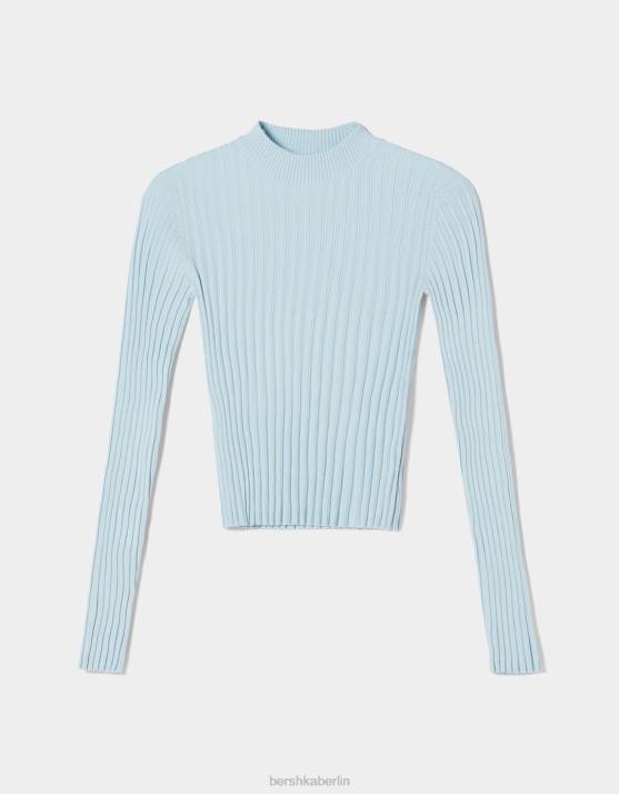 hellblau Bershka Frauen Rippstrickpullover mit hohem Halsausschnitt H00J1024