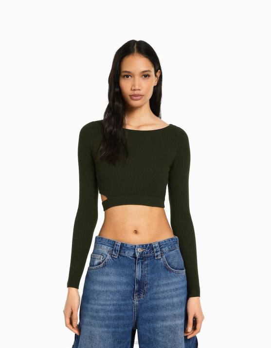 khaki Bershka Frauen Gerippter Pullover mit Cut-Outs H00J980