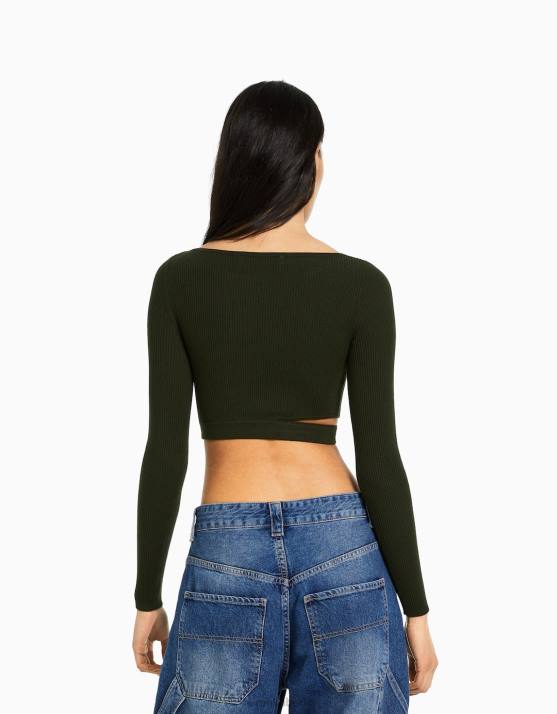 khaki Bershka Frauen Gerippter Pullover mit Cut-Outs H00J980