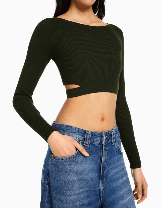 khaki Bershka Frauen Gerippter Pullover mit Cut-Outs H00J980