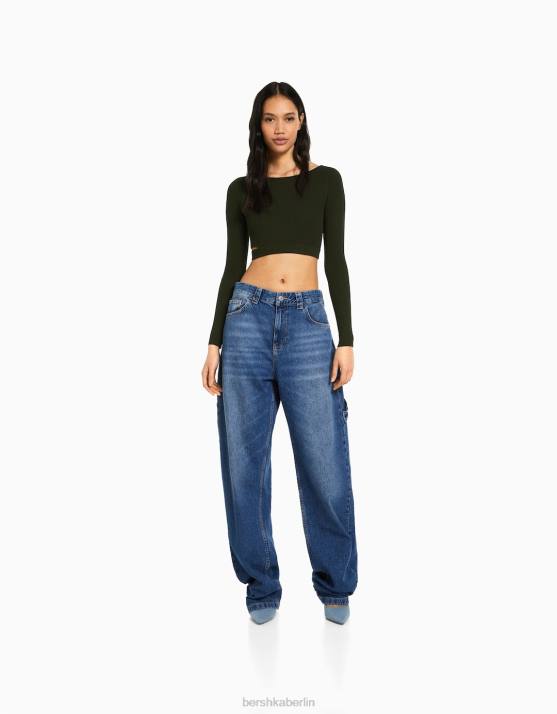 khaki Bershka Frauen Gerippter Pullover mit Cut-Outs H00J980