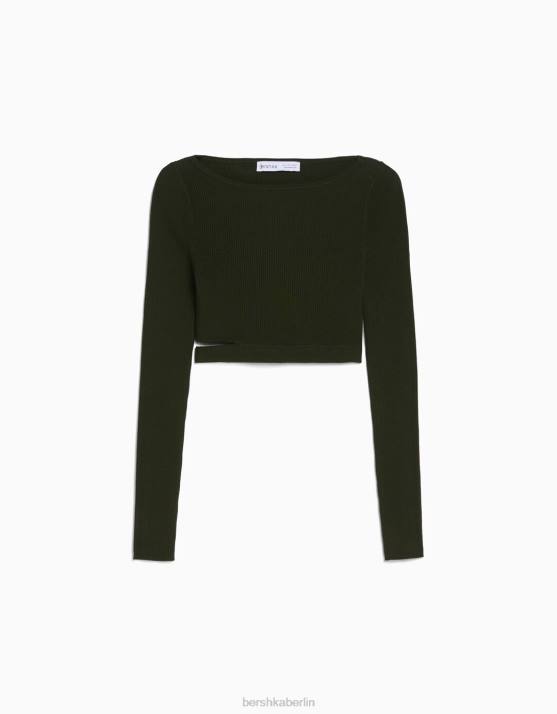 khaki Bershka Frauen Gerippter Pullover mit Cut-Outs H00J980