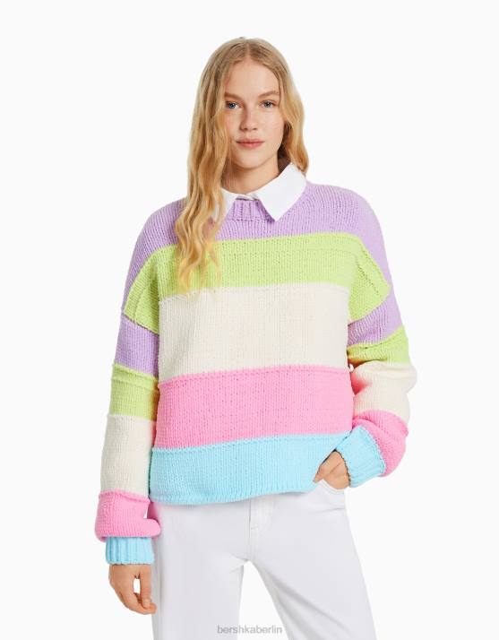 violett Bershka Frauen Chenille-Pullover mit mehrfarbigen Streifen H00J1066
