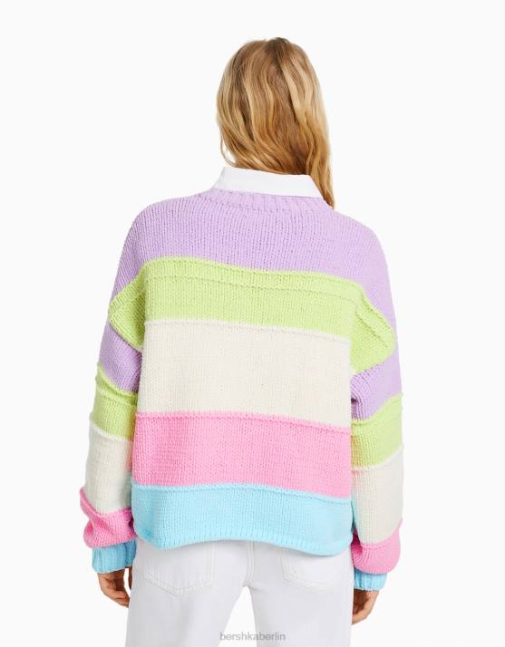 violett Bershka Frauen Chenille-Pullover mit mehrfarbigen Streifen H00J1066