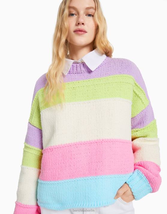 violett Bershka Frauen Chenille-Pullover mit mehrfarbigen Streifen H00J1066
