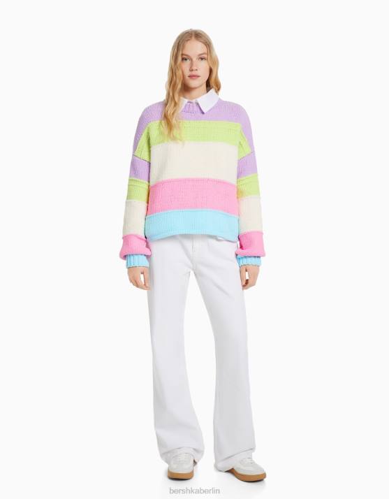 violett Bershka Frauen Chenille-Pullover mit mehrfarbigen Streifen H00J1066