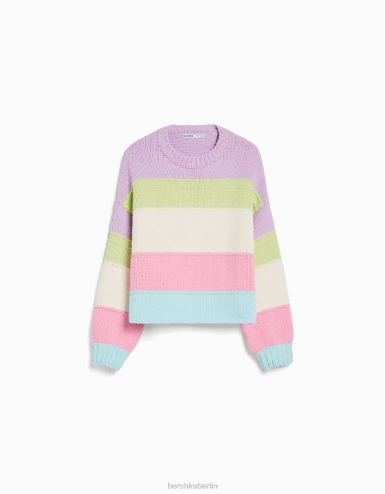 violett Bershka Frauen Chenille-Pullover mit mehrfarbigen Streifen H00J1066
