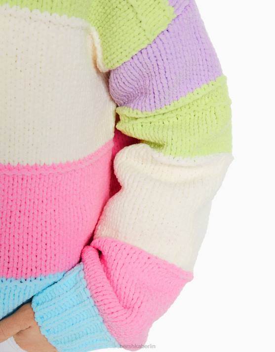 violett Bershka Frauen Chenille-Pullover mit mehrfarbigen Streifen H00J1066