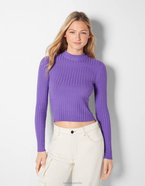 violett Bershka Frauen Gerippter Pullover mit Stehkragen H00J1025