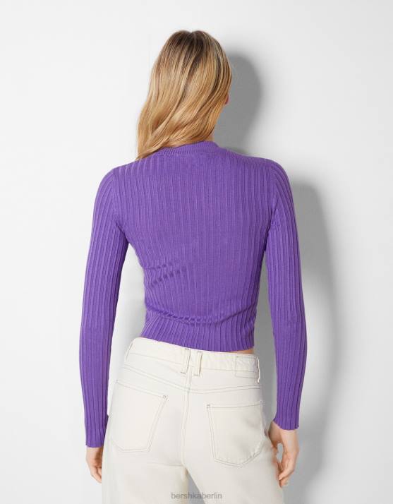 violett Bershka Frauen Gerippter Pullover mit Stehkragen H00J1025
