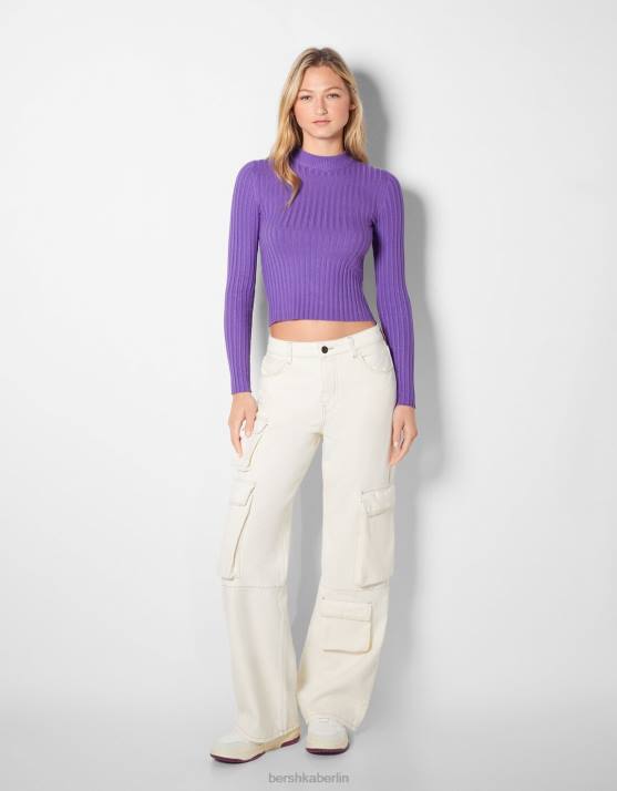 violett Bershka Frauen Gerippter Pullover mit Stehkragen H00J1025