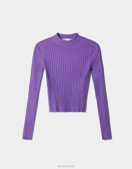 violett Bershka Frauen Gerippter Pullover mit Stehkragen H00J1025