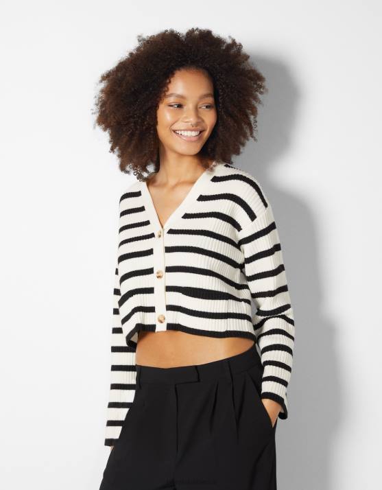 Creme Bershka Frauen Gestreifter, gerippter Cardigan H00J997