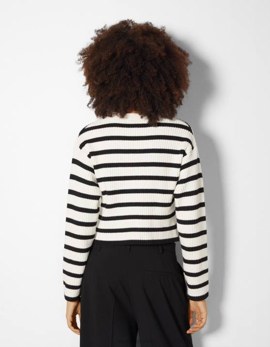 Creme Bershka Frauen Gestreifter, gerippter Cardigan H00J997