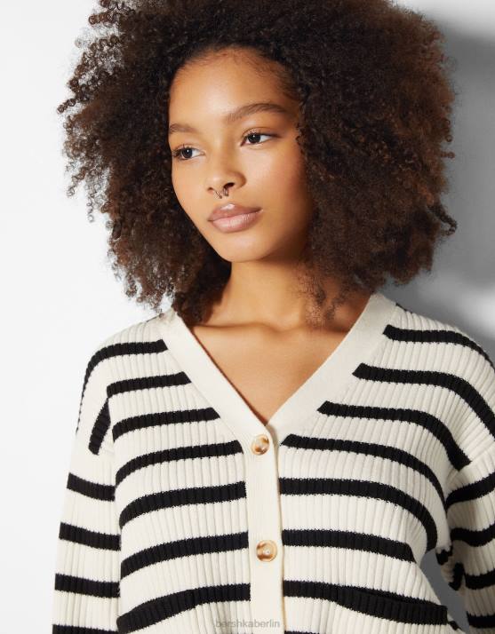 Creme Bershka Frauen Gestreifter, gerippter Cardigan H00J997