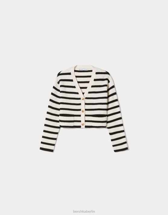 Creme Bershka Frauen Gestreifter, gerippter Cardigan H00J997
