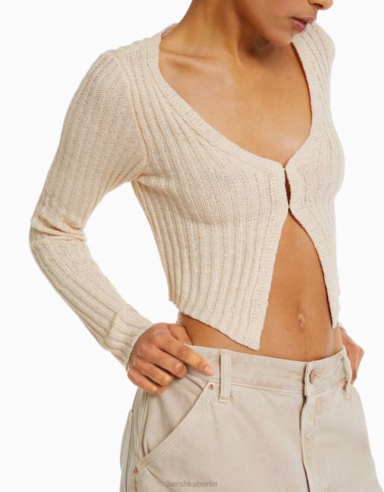Creme Bershka Frauen Rustikaler, verkürzter Cardigan H00J995