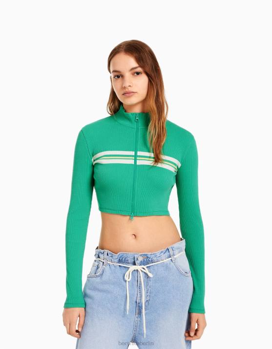 Grün Bershka Frauen Gestreifter Cardigan mit Reißverschluss H00J1074