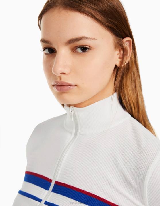 Weiss Bershka Frauen Gestreifter Cardigan mit Reißverschluss H00J1075