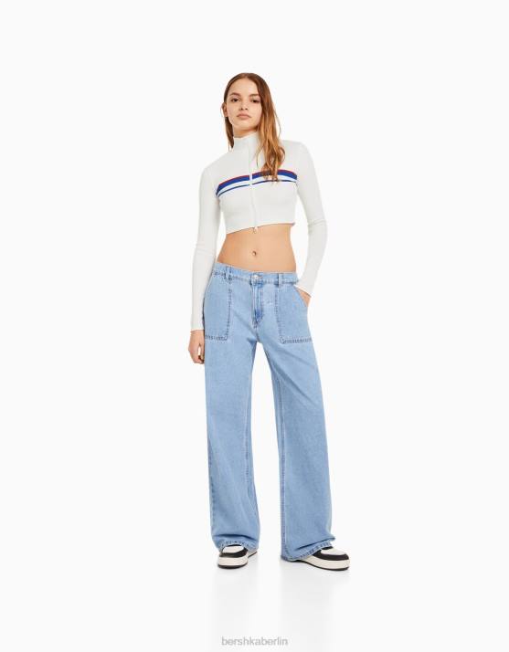 Weiss Bershka Frauen Gestreifter Cardigan mit Reißverschluss H00J1075