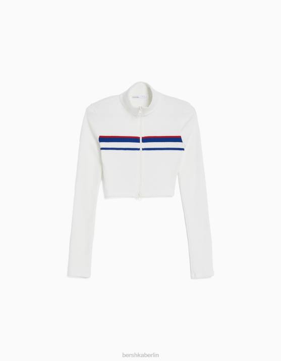 Weiss Bershka Frauen Gestreifter Cardigan mit Reißverschluss H00J1075