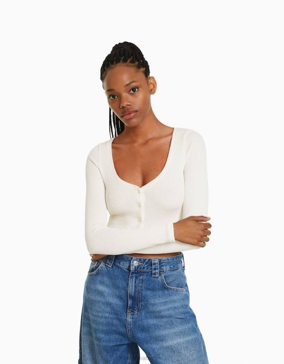 Weiss Bershka Frauen Strickjacke mit Knöpfen H00J991