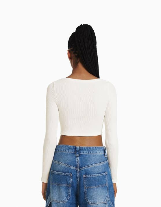 Weiss Bershka Frauen Strickjacke mit Knöpfen H00J991