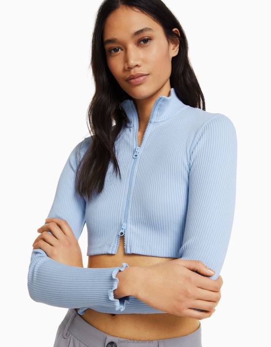 hellblau Bershka Frauen Kurzer Cardigan mit hohem Kragen und Reißverschluss H00J1032