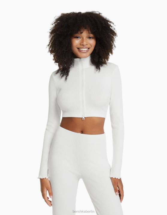 nicht-gerade weiss Bershka Frauen Kurzer Cardigan mit hohem Kragen und Reißverschluss H00J962