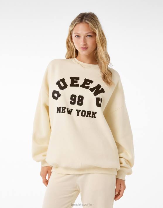 Beige Bershka Frauen Übergroßes bedrucktes Sweatshirt H00J1246