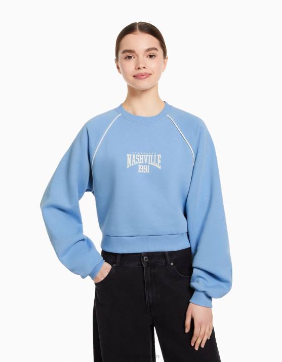 Blau Bershka Frauen Sweatshirt mit Rundhalsausschnitt und Kontrastdruck H00J1264