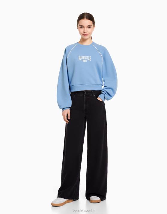Blau Bershka Frauen Sweatshirt mit Rundhalsausschnitt und Kontrastdruck H00J1264