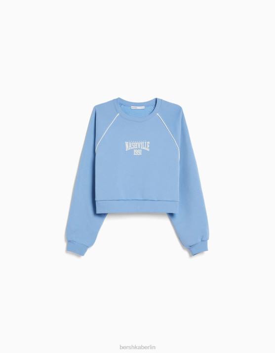 Blau Bershka Frauen Sweatshirt mit Rundhalsausschnitt und Kontrastdruck H00J1264