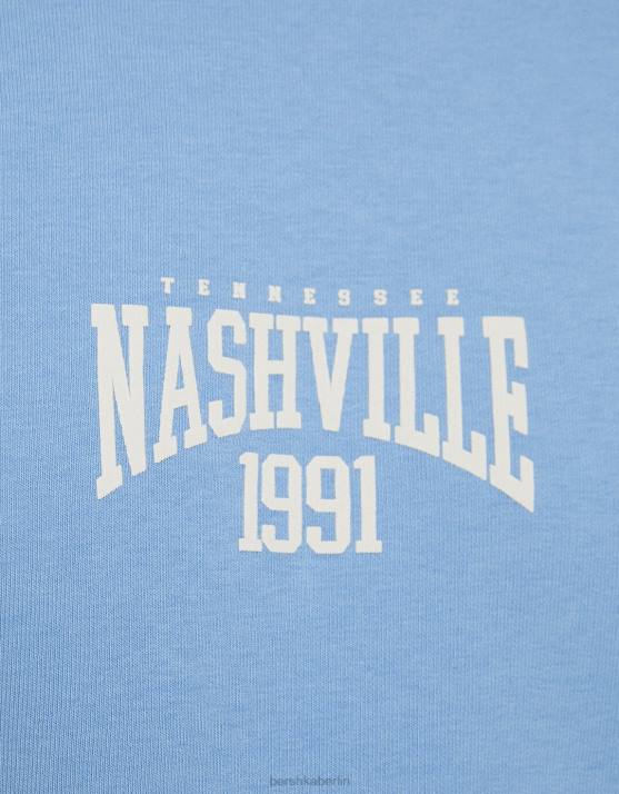 Blau Bershka Frauen Sweatshirt mit Rundhalsausschnitt und Kontrastdruck H00J1264