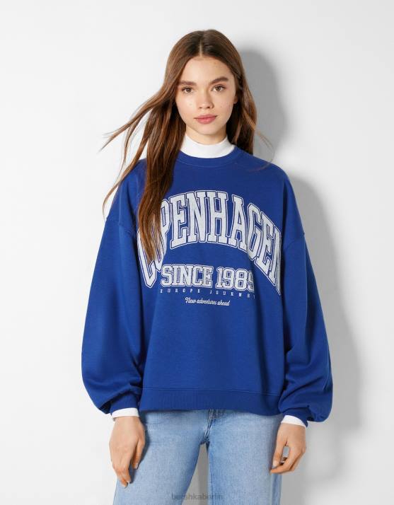Blau Bershka Frauen Übergroßes bedrucktes Sweatshirt H00J1221
