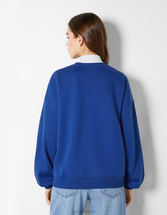Blau Bershka Frauen Übergroßes bedrucktes Sweatshirt H00J1221
