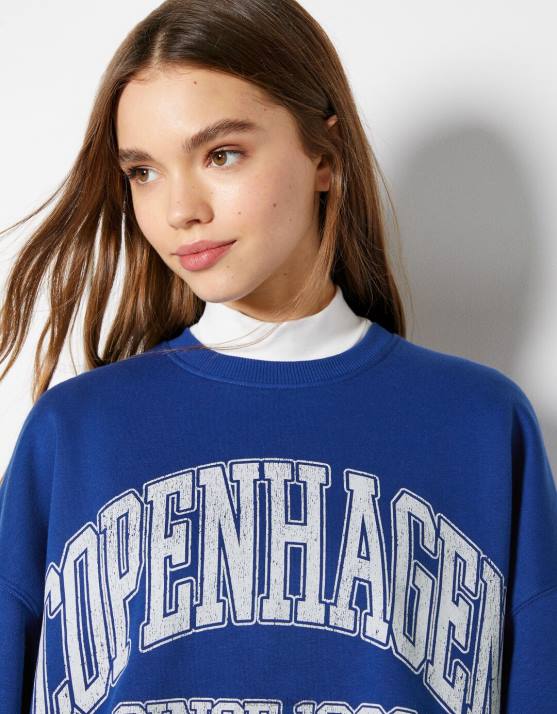 Blau Bershka Frauen Übergroßes bedrucktes Sweatshirt H00J1221