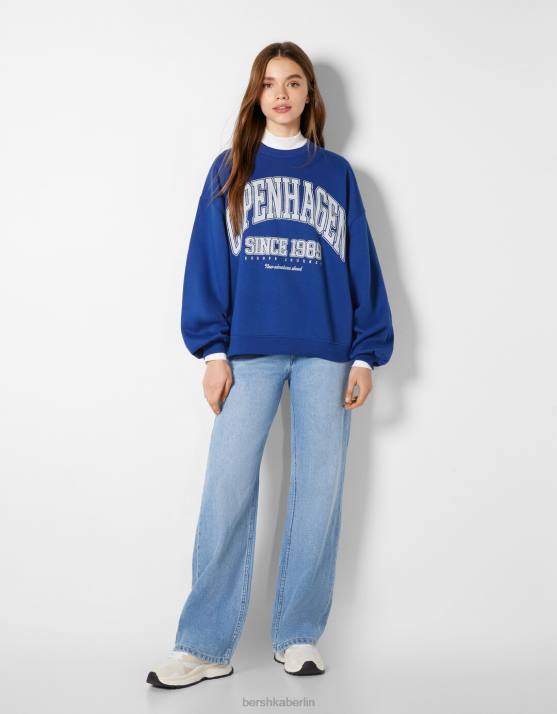 Blau Bershka Frauen Übergroßes bedrucktes Sweatshirt H00J1221
